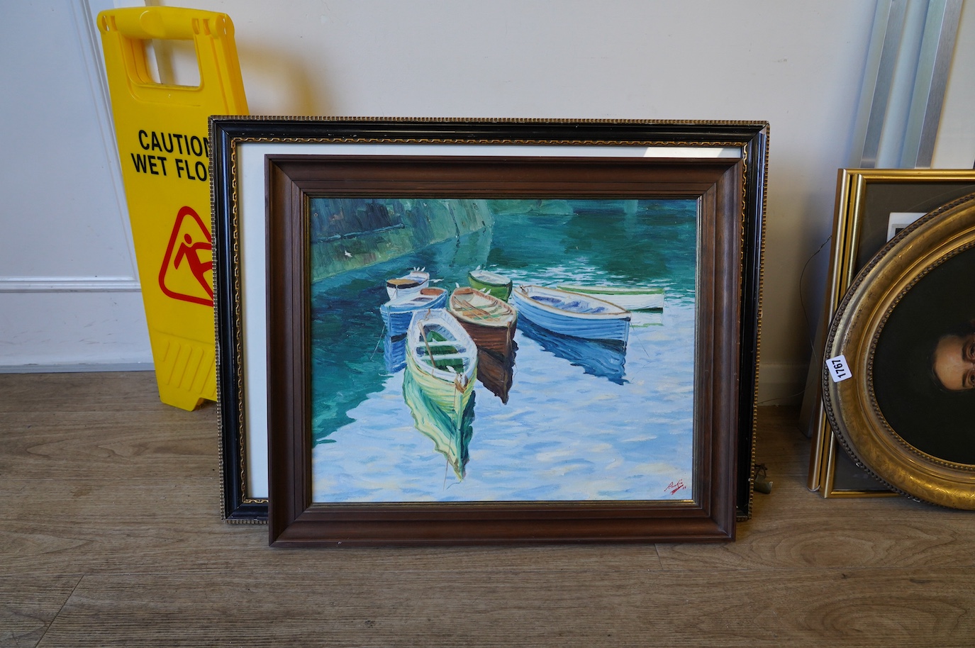 Rankin, Modern British, oil on board, Study of fishing boats, signed and dated '56, 39 x 48cm. Condition - good